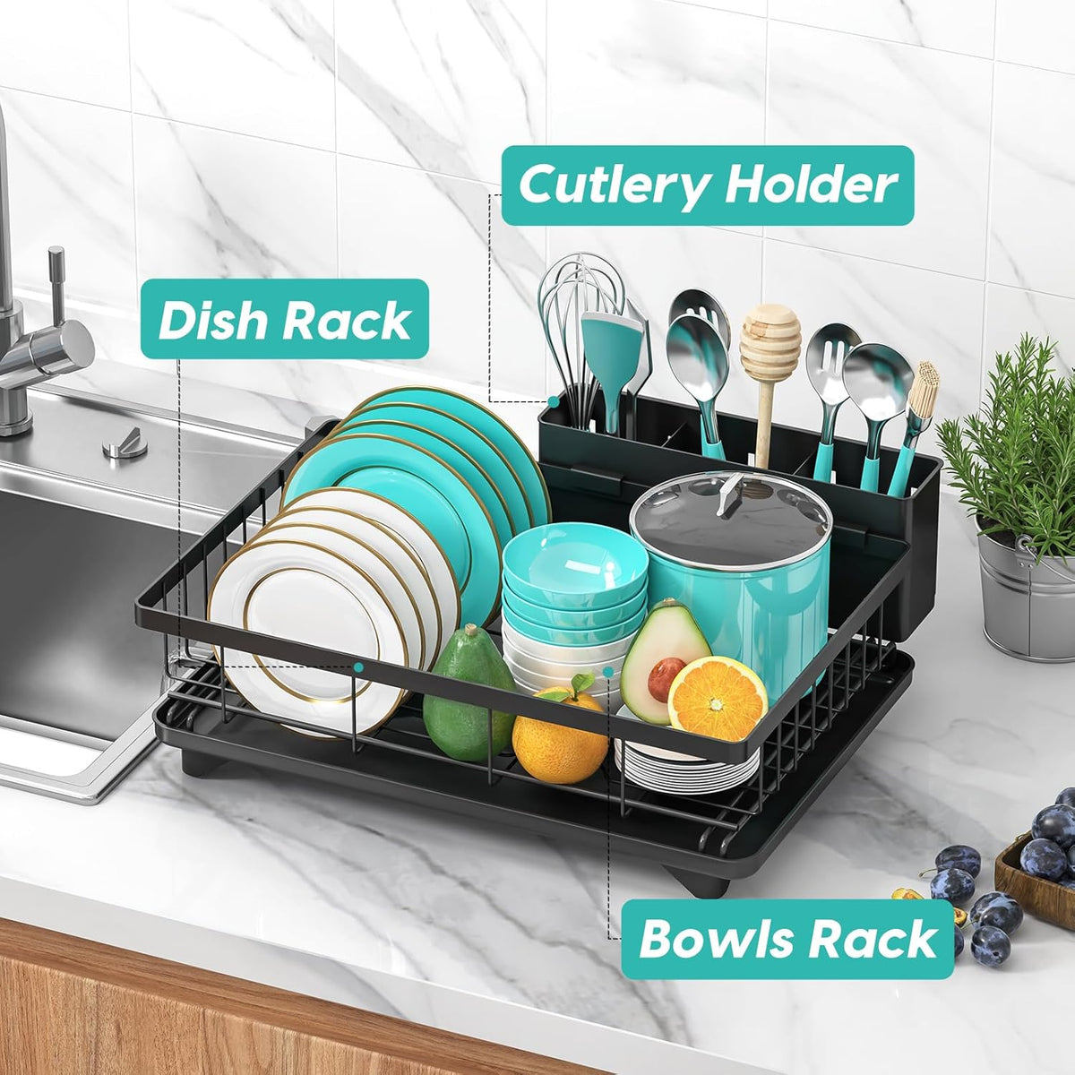 MERRYBOX Dish Racks for Kitchen Counter, 2025 Upgrade Large Sink Dish Drying Rack with 3-Compartment Utensil Holder 16.8" D x 13" W x 5.71" H