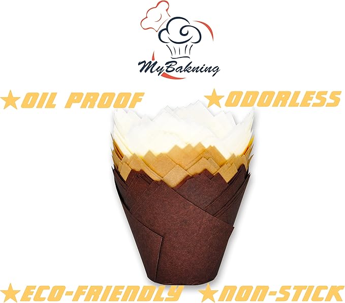 (JUMBO EXTRA LARGE size) Natural+Brown+White Tulip Baking Cups 2-1/4"(Base diameter) x 3-3/4"(Wall height) Greaseproof paper baking cupcake Muffin liners, Case of 130 pcs