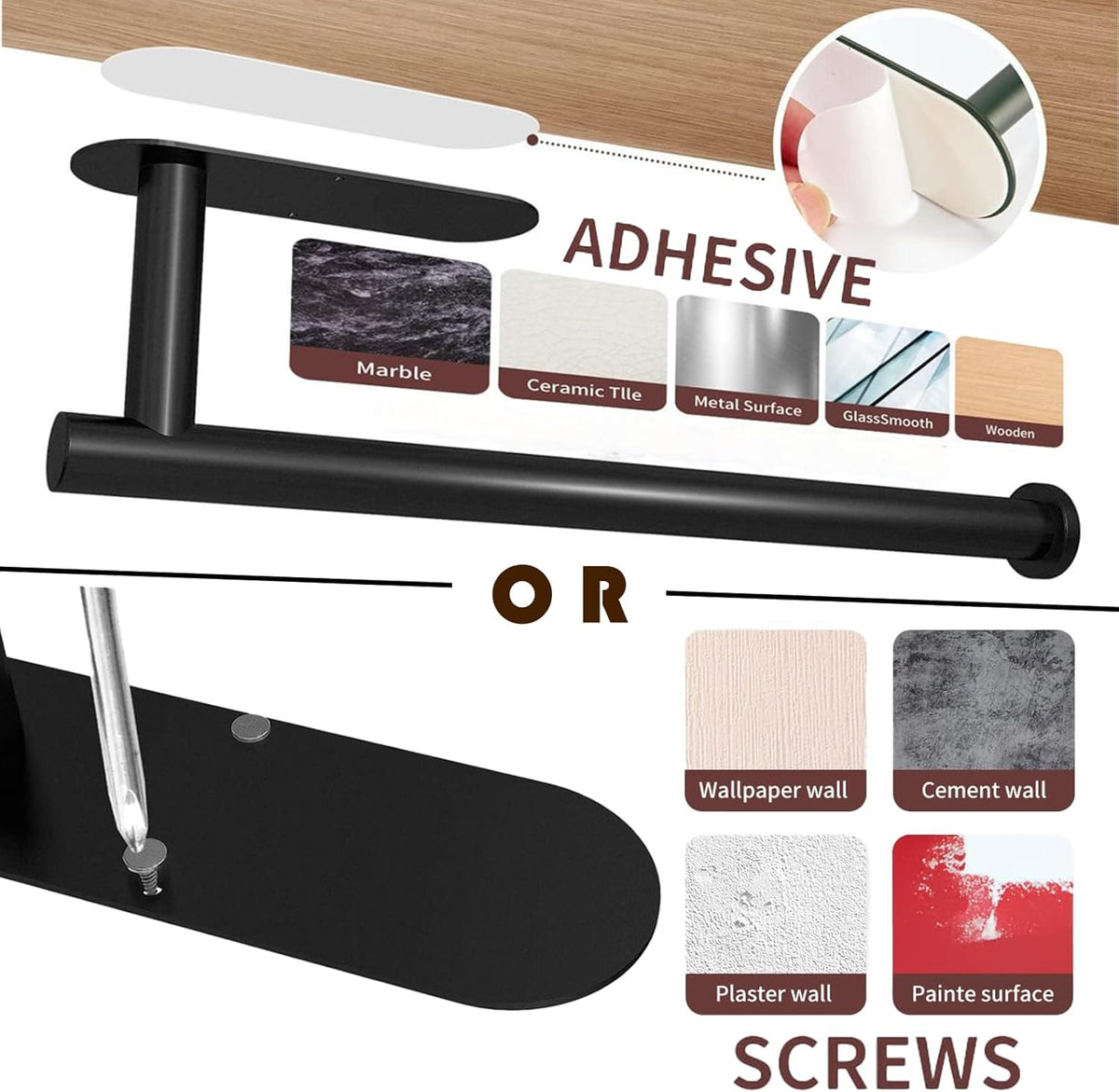 Self Adhesive or Drilling Paper Towel Holder Under Cabinet,Black Stainless Steel Hanging Paper Towel Holder Wall Mount for Kitchen Paper Towel,Under Counter Paper Towel Roll Rack for Home,Bathroom,RV