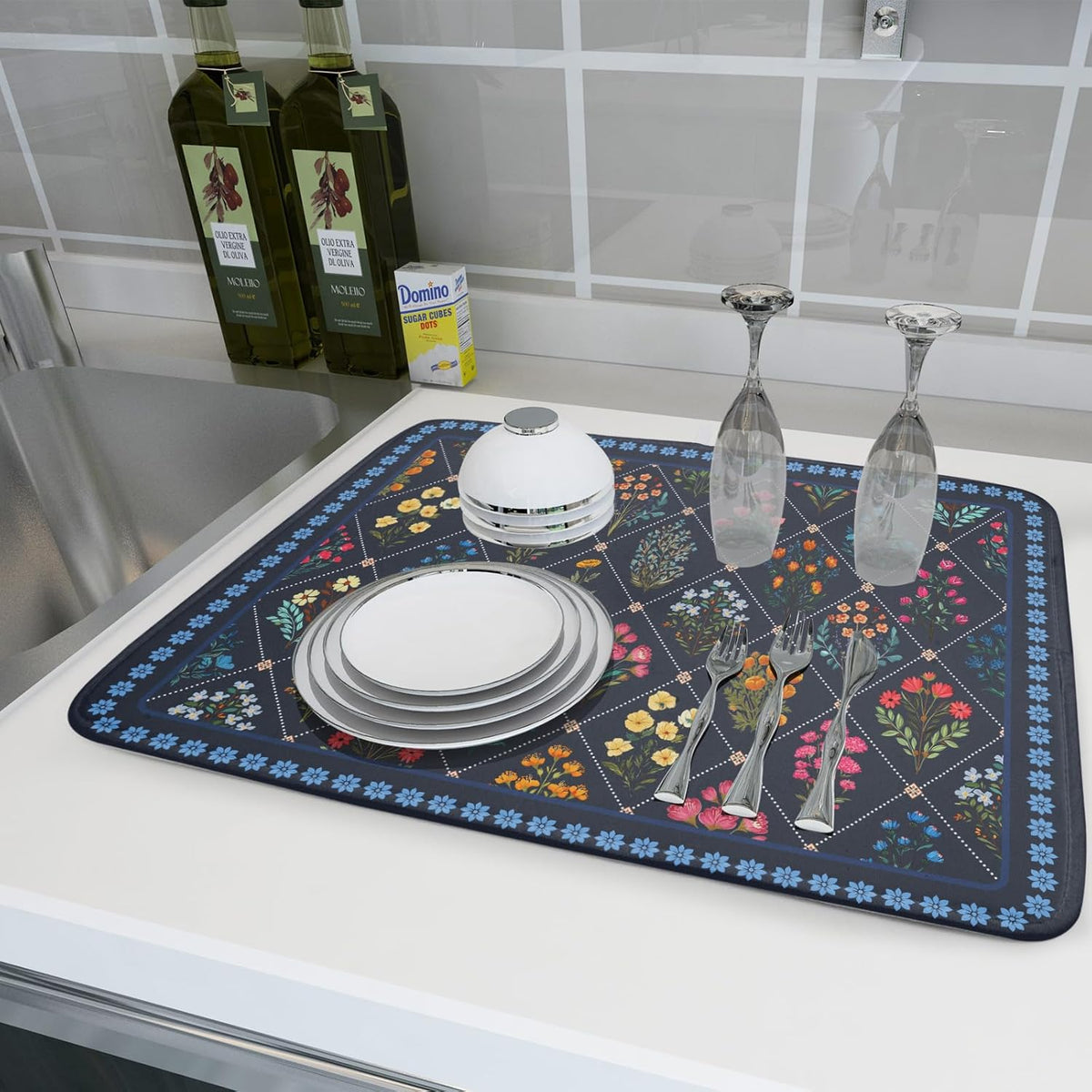 Lapis Blue Dish Drying Mat for Kitchen Counter Flowers Microfiber Absorbent Dish Draining Reusable Washable Large