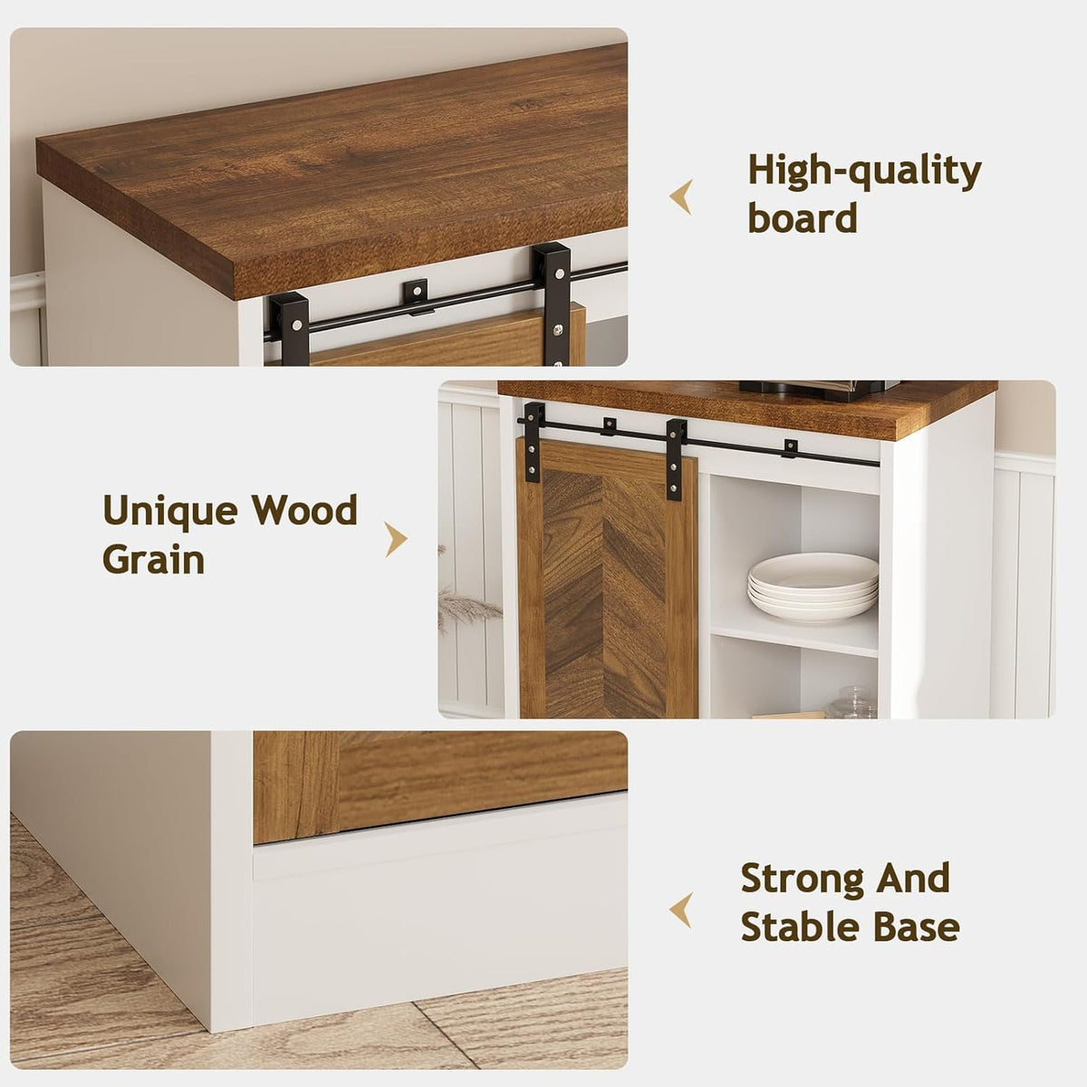 Farmhouse Small Coffee Bar Cabinet with Storage, White Coffee Bar Table with Sliding Barn Door, Adjustable Shelves, Bar Cabinet for Kitchen, Dining Living Room