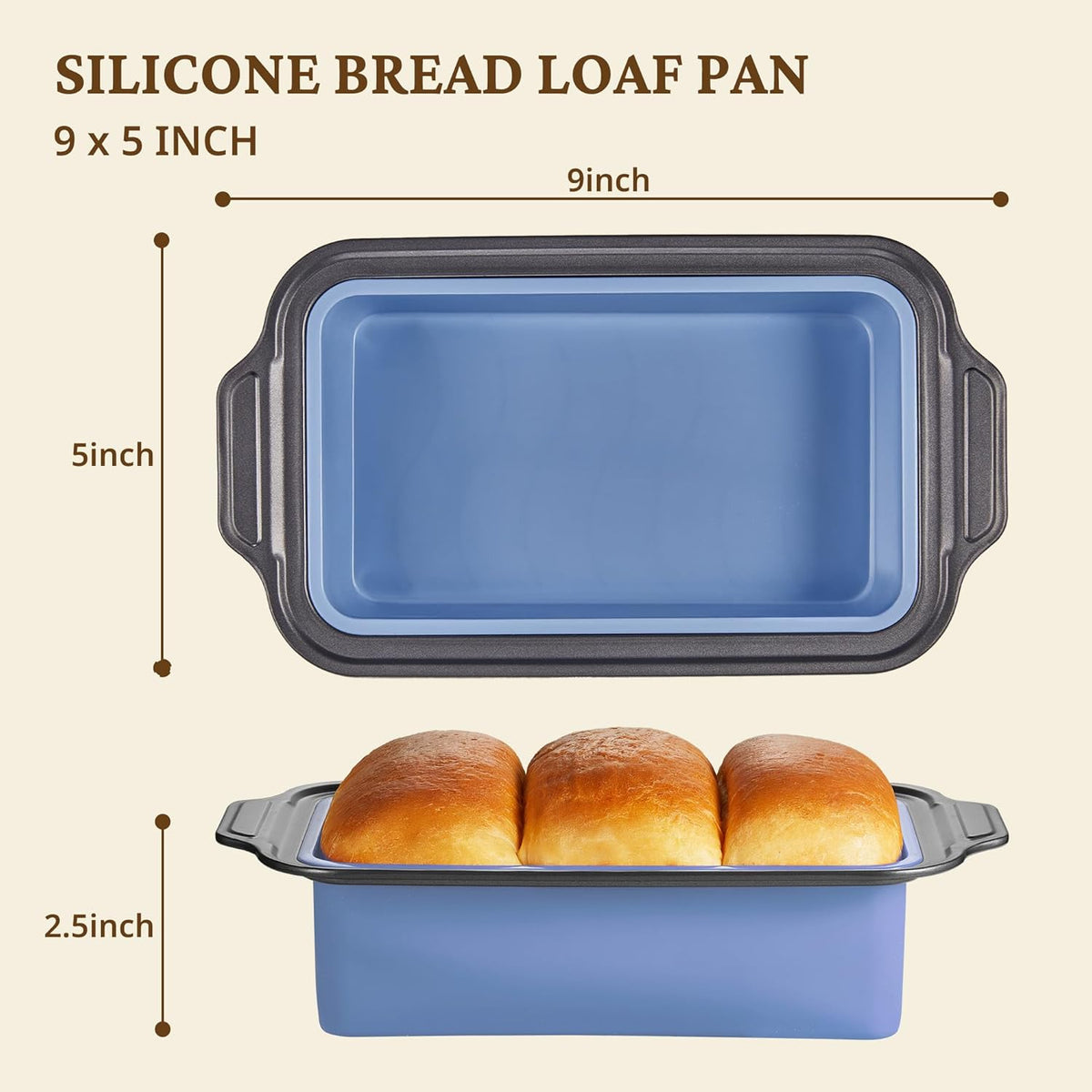 BRONYPRO 9x5 Inch Non-Stick Bread Loaf Pan,Non-Toxic Silicone Baking Mold For Homemade Bread,Heavy-Duty Steel Frame,Dishwasher Safe-Blue