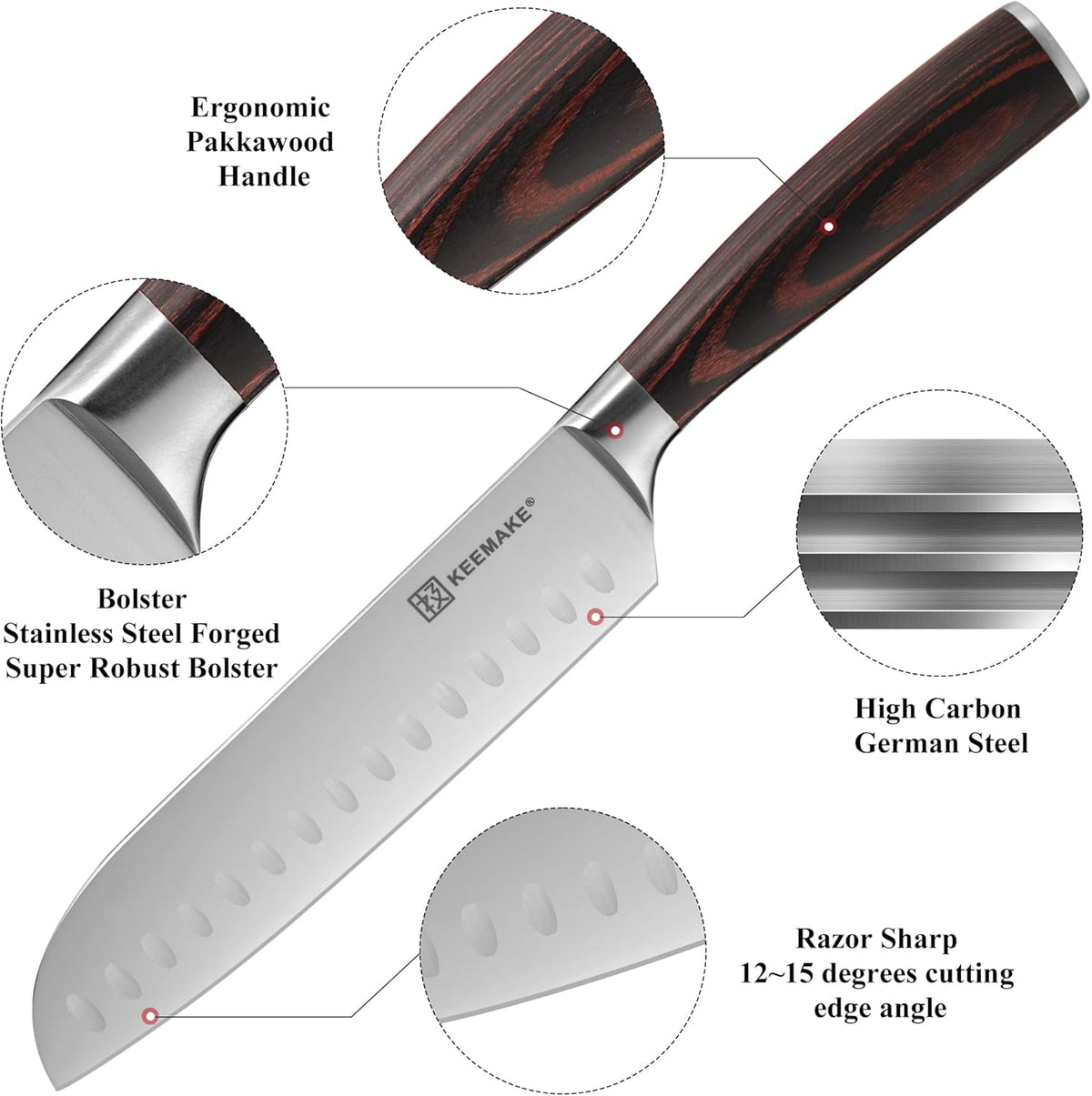 KEEMAKE Santoku Knife Set of 3pcs, Japanese Chef Knife Sets with German High Carbon Stainless Steel 1.4116 Kitchen Knives, Pakkawood Handle Cutting Knives