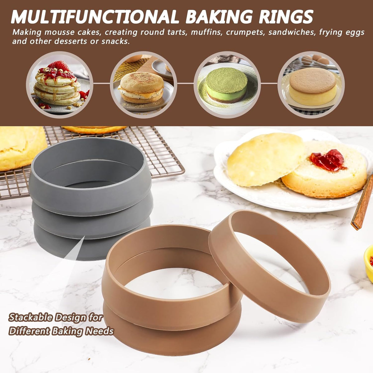 Koluti 6Pcs Nonstick Silicone English Muffin Rings, 4 Inch Cooker Round Mold for Cookie Crumpet Cake Pancake Pastry Baking, Durable Circle Cooking Egg Patty Omelette Frying Ring, BPA Free and 2 Colors