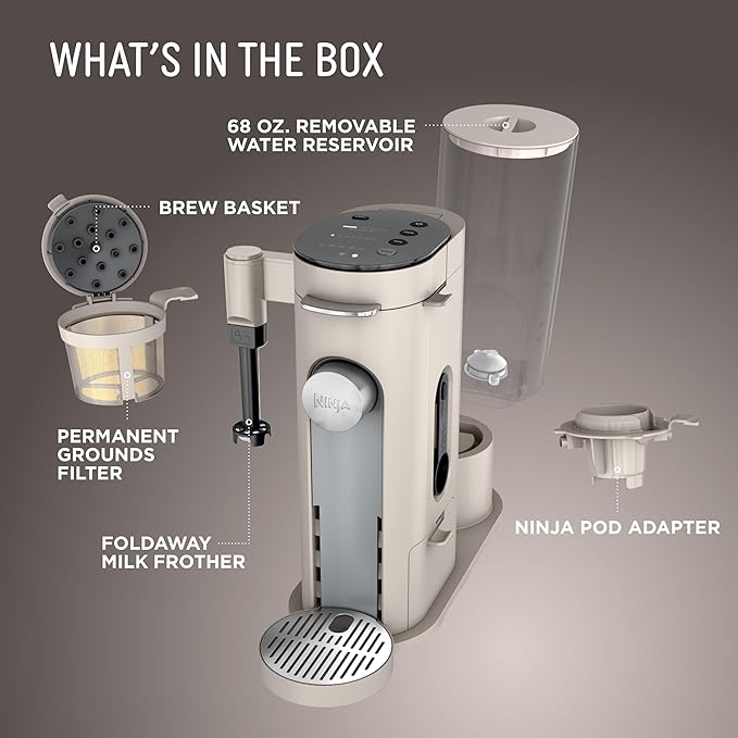 Ninja Pod & Grounds | Coffee Maker | XL Single-Serve | K-Cup Pod Compatible | Brews Grounds | Compact Design | Built-In Milk Frother | 68-oz. Reservoir, 6-oz. Cup to 24-oz. Mug Sizes | Stone |PB055AST