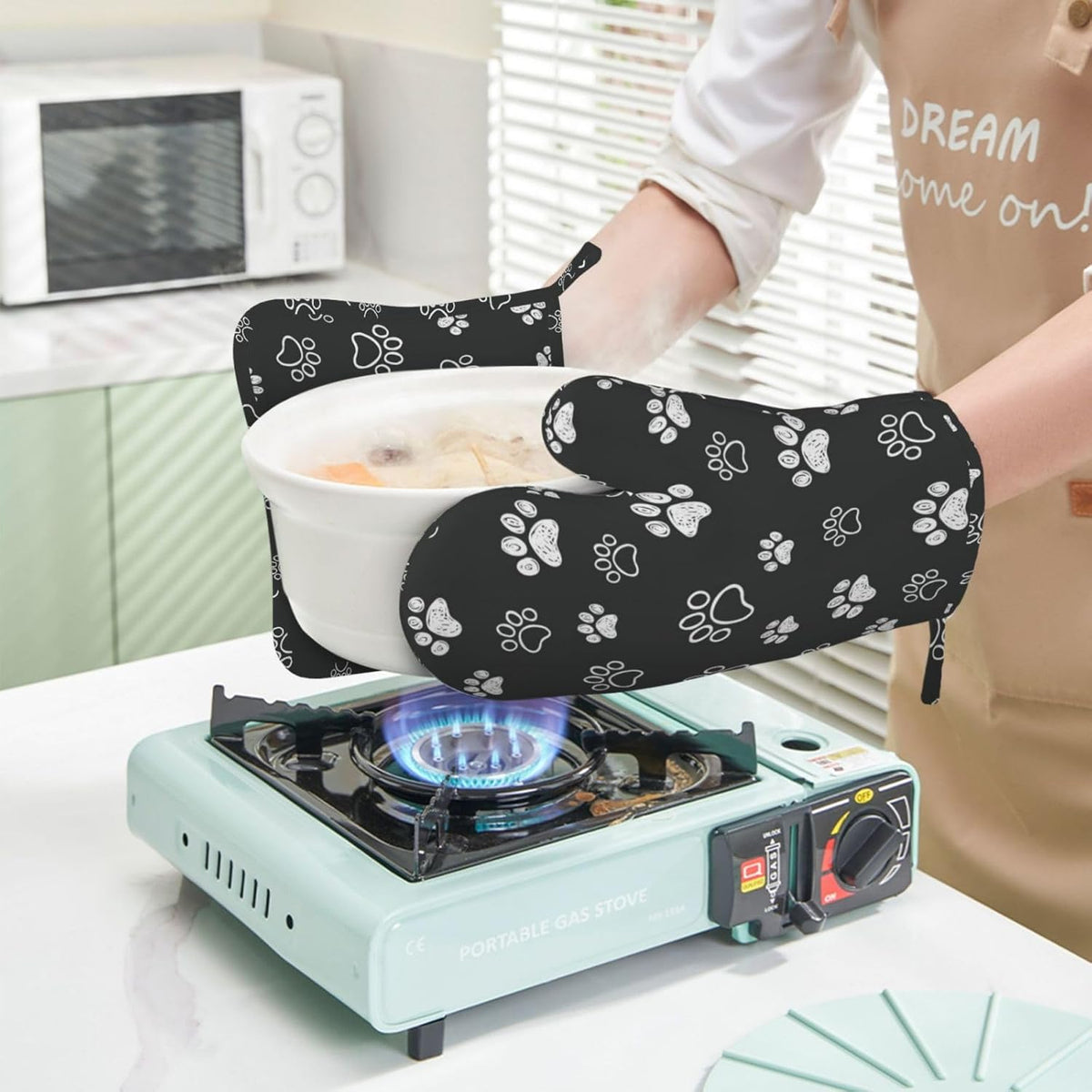 Dog Paw Print Oven Mitts and Pot Holders Set of 4 Silicone Black White Dog Paw Print Kitchen Mitten Gloves and Non-Slip Potholders Set Heat Resistant Oven Gloves Hot Holders for Kitchen