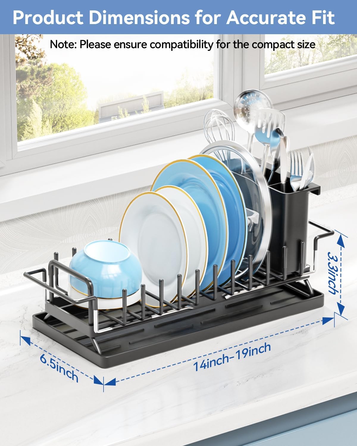 Small Dish Drying Rack in Sink, Expandable Dish Drainer Over Sink with Silicone Drying Tray, Compact Dish Rack for Kitchen Counter with Utensil Holder, Drying Rack Organize Small Space, Black