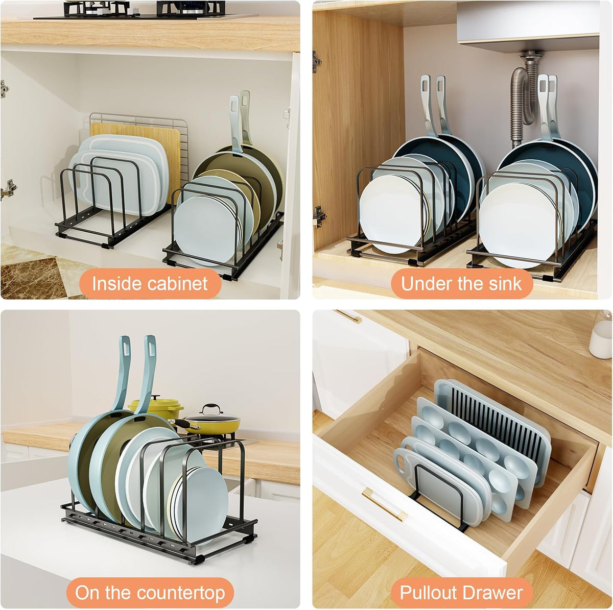 TEAMOLA Adjustable Bakeware Organizer Rack - 2pc Black Heavy-Duty Metal Cutting Board Rack for Cutting Boards & Cookware, Holds Utensils Up to 9.84" Wide (Space-Saving Holder Fits Narrow Countertops)