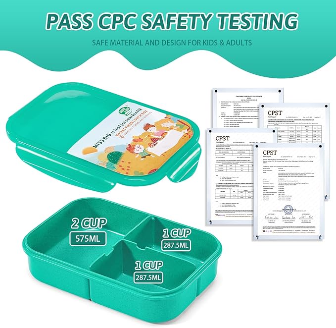 MISS BIG Bento Box for Kids, Leakproof Lunch Box, No BPAs & Chemical Dyes, M/W, D/W & Fridge Safe (1150ml Green)