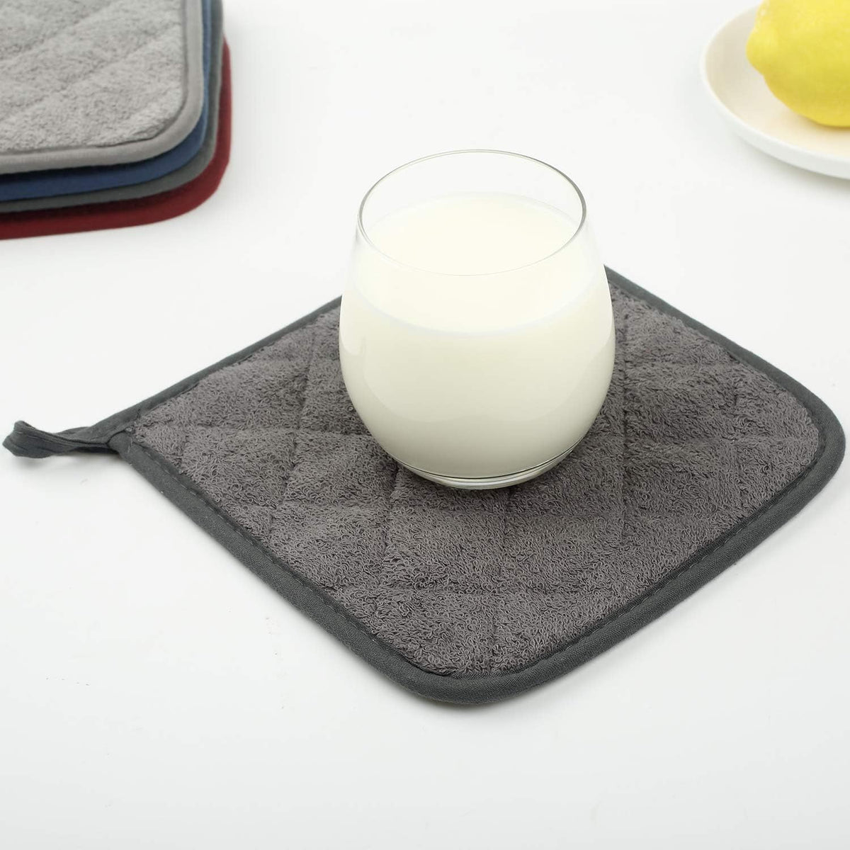 100% Cotton Kitchen Everyday Basic Terry Pot Holder Heat Resistant Coaster Potholder for Cooking and Baking Set of 5 Mineral Gray