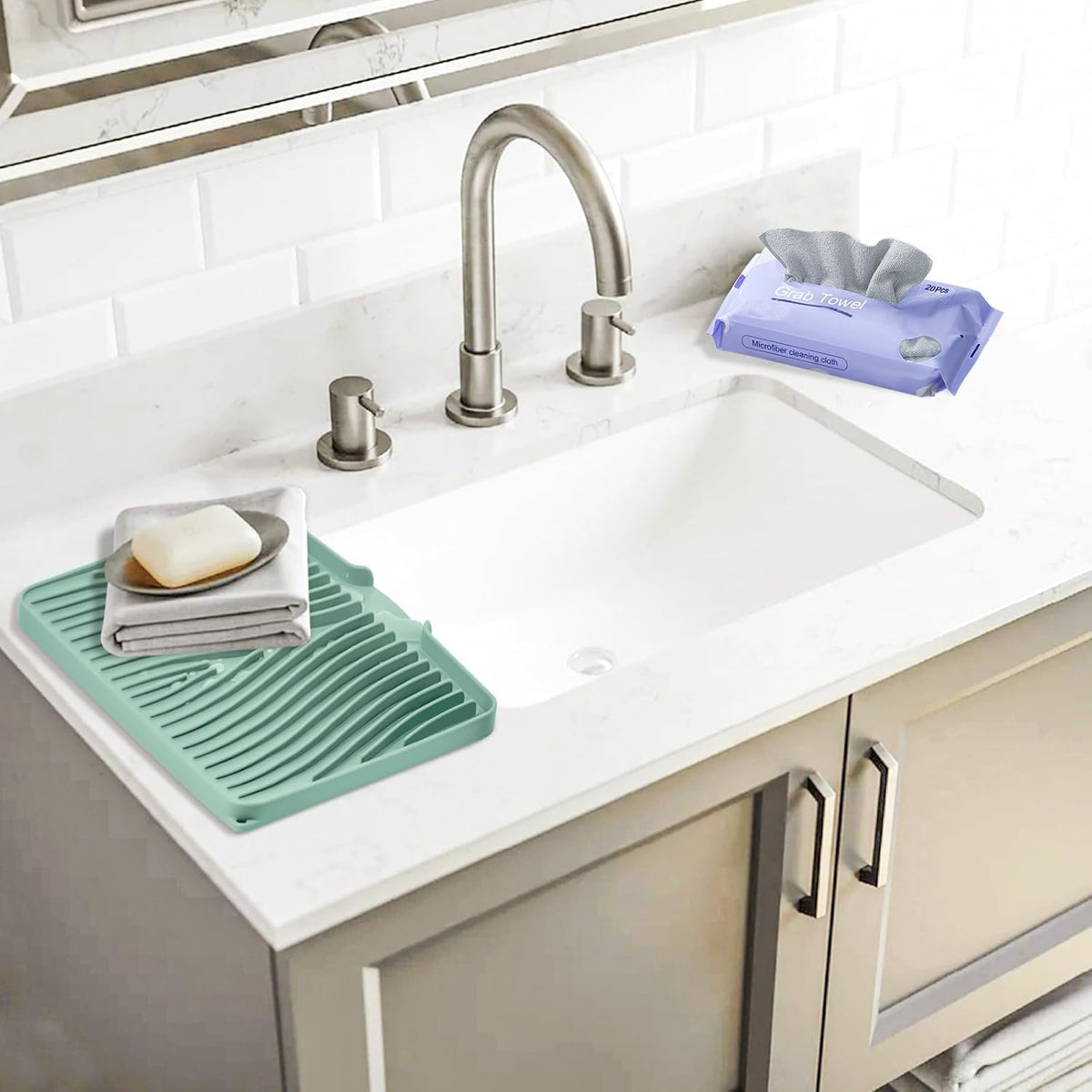 Silicone Dish Drying Mat, Stone Drying Mat for Kitchen Counter with Built-in Drain, Non-Slip 15.8" X 13" Drying Matt Kitchen Counter and Grey Microfiber Cleaning Cloth, Cleaning Rags Set(Mint)