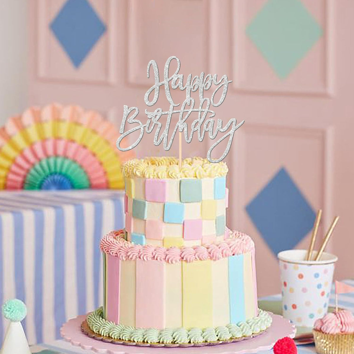 ZHUOWEISM 1 PCS Happy Birthday Cake Topper Glitter Happy Birthday Cake Pick for Celebrating Happy Birthday Anniversary Theme Party Cake Decorations Supplies Silver