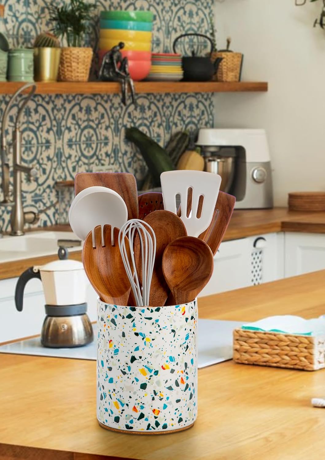 Nucookery Utensil Holder, 6.4" Ceramic Kitchen Utensil Holder for Countertop with Protection Cork Bottom, Vintage Farmhouse Kitchen Decor for Counter, Gift (Marble Pattern)