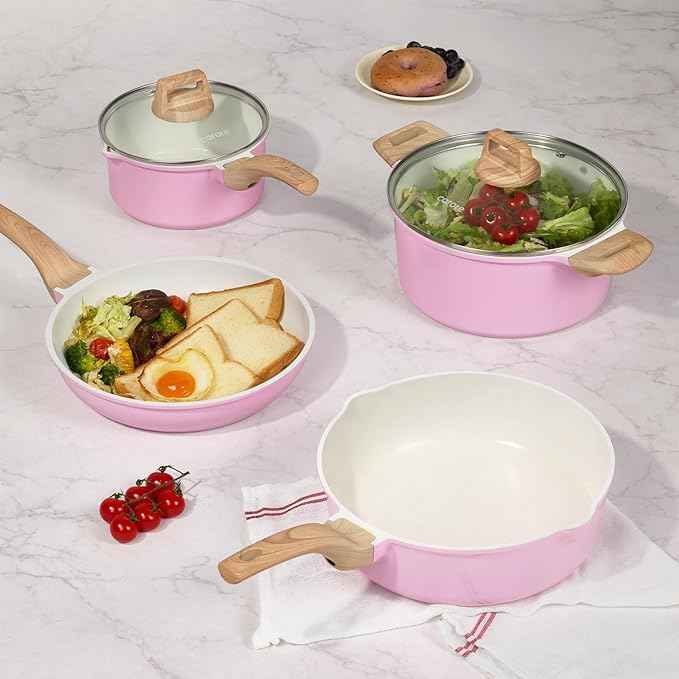 CAROTE Ceramic Cookware Set, 14 PCS Pots and Pans Set Non Stick, Pot and Pan Set with Frying pan, Induction Ready Cooking Set for Kitchen, PFOS/PFOA/PFAS Free, Pink