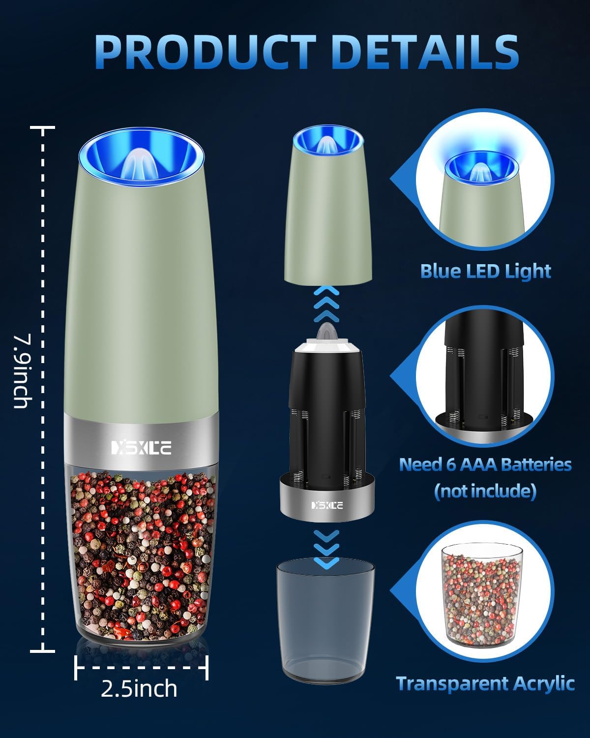 Gravity Electric Pepper and Salt Grinder Set, Adjustable Coarseness, Battery Powered with LED Light, One Hand Automatic Operation,Light Green, 2 Pack