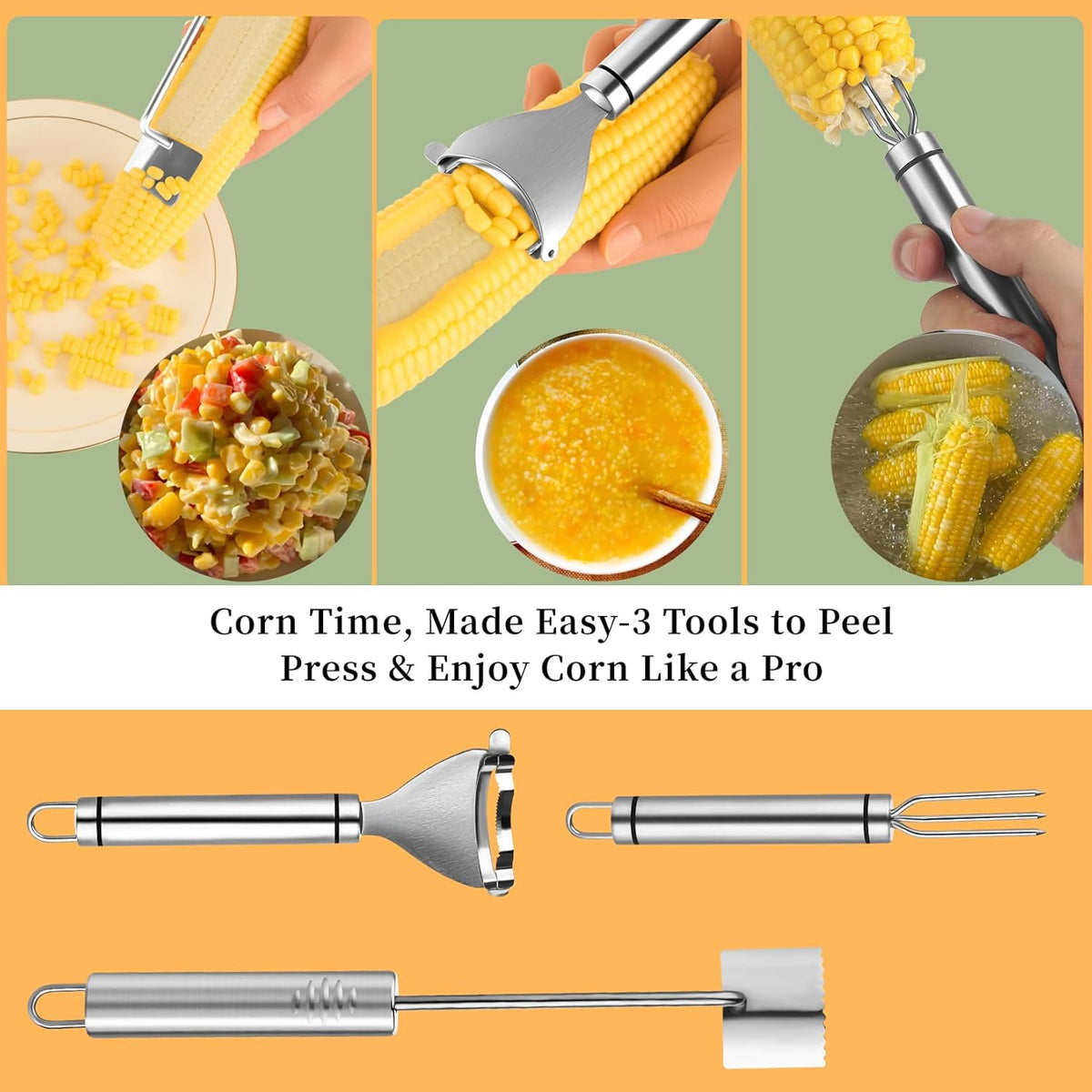 3Pcs Corn Peeler and Stripper Tool - Long Handle Stainless Steel Corn Kernel Remover & Cob Scraper - Efficient Corn Thresher Cutter for Kitchen, Restaurants, Picnics - Safe & Durable