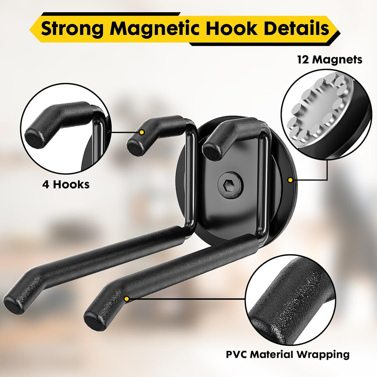 Strong Magnetic Hooks Heavy Duty - 4 Pack Rare Earth Magnets for Garage Utility Storage 20lb Hold | Hang Ladder, Power Tools, Toolbox, Shovel, Broom, Extension Cord (E-Blackpro 4)
