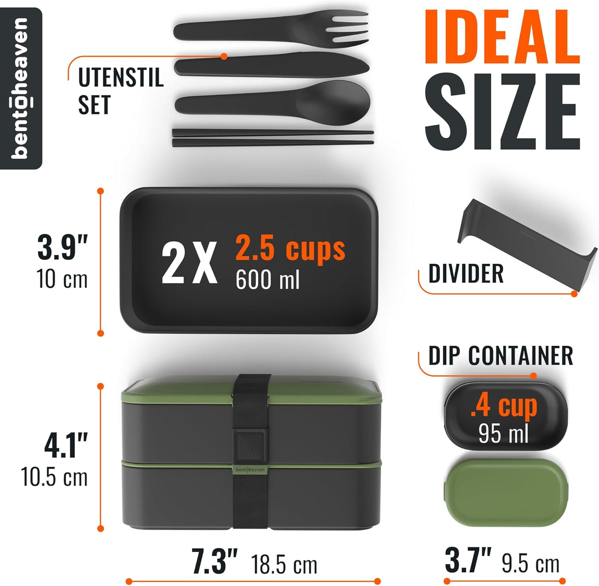 Bentoheaven Premium Bento Box Adult Lunch Box with Compartments for Women & Men, Set of Utensil & Chopsticks & Dip Container, Cute Japanese Kids Bento Lunch Box, Microwavable (Olive Garden)