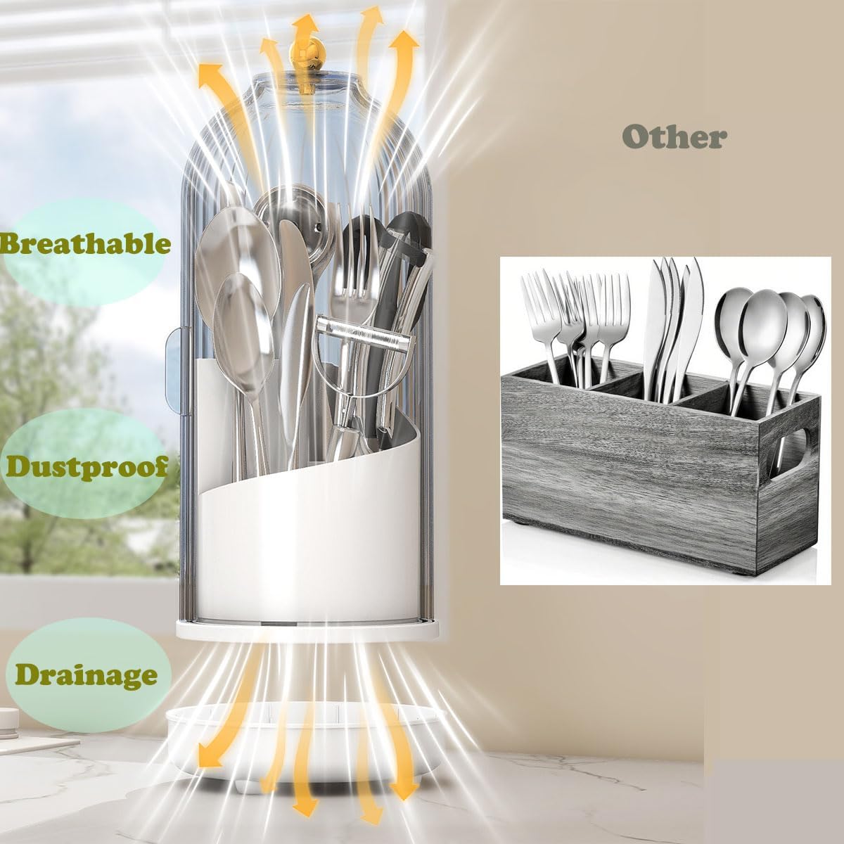 JEESA Utensil Holder with Lid, 360° Rotating Flatware Organizer for Cutlery Spoon Fork(H Less 8"), Silverware Caddy Organizer Drainage Dustproof Flatware Holder Kitchen Countertop Storage, Gray