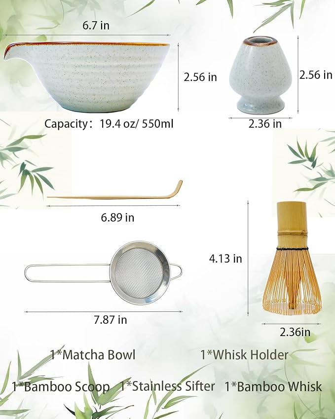 Matcha Whisk Set,Matcha Set,Matcha Kit,Matcha Bowl with Spout,Scoop,Sifter,Bamboo Whisk,Chasen Holder,Unique Gifts for Women Grifend,Gifts for Christmas, Birthday,Halloween