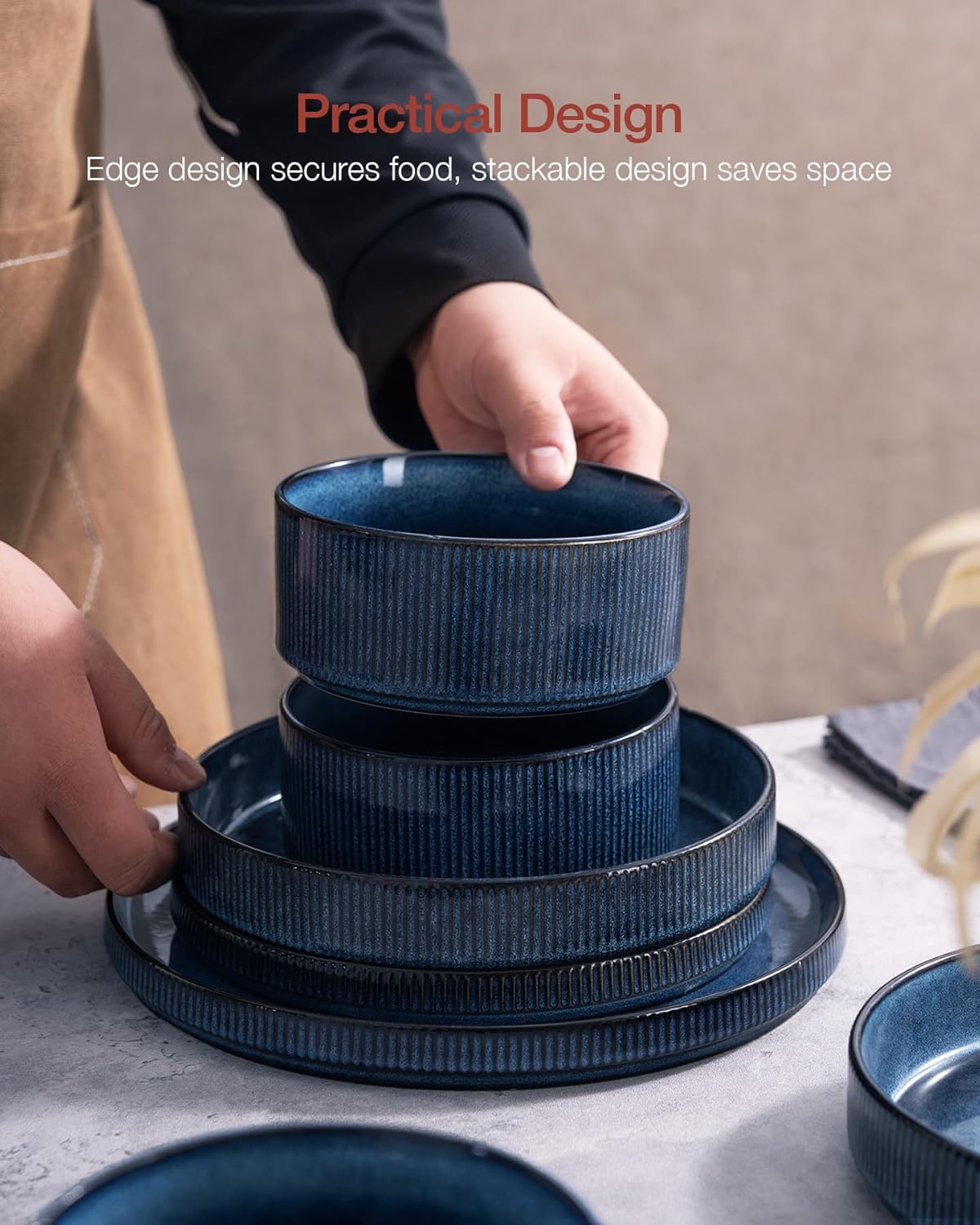 Famiware Star Dinnerware Sets, Plates and Bowls Set for 4, 12 Pieces Ribbed Dishes - Chip and Scratch Resistant, Microwave and Dishwasher Safe Tableware, Nebulas Blue