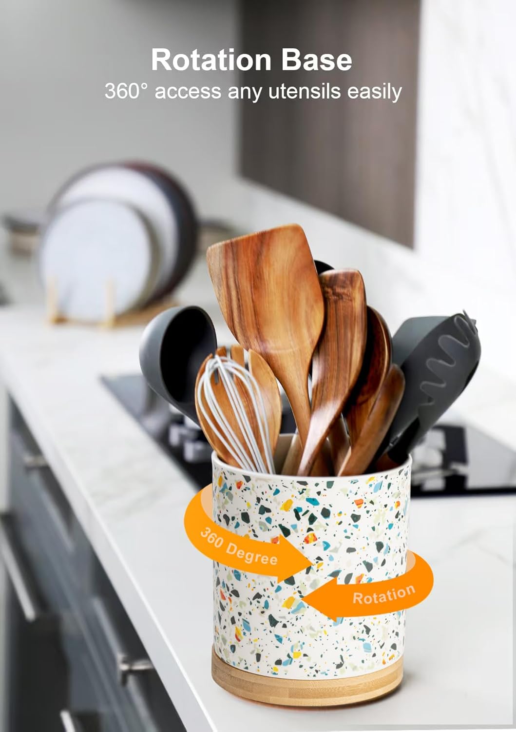 Nucookery 360°Rotating Utensil Holder, 7.2" Kitchen Utensil Crock, Ceramic Cooking Utensil Organizer with Countertop-Protection Cork Bottom for Farmhouse Kitchen Decor Christmas (Marble Pattern)