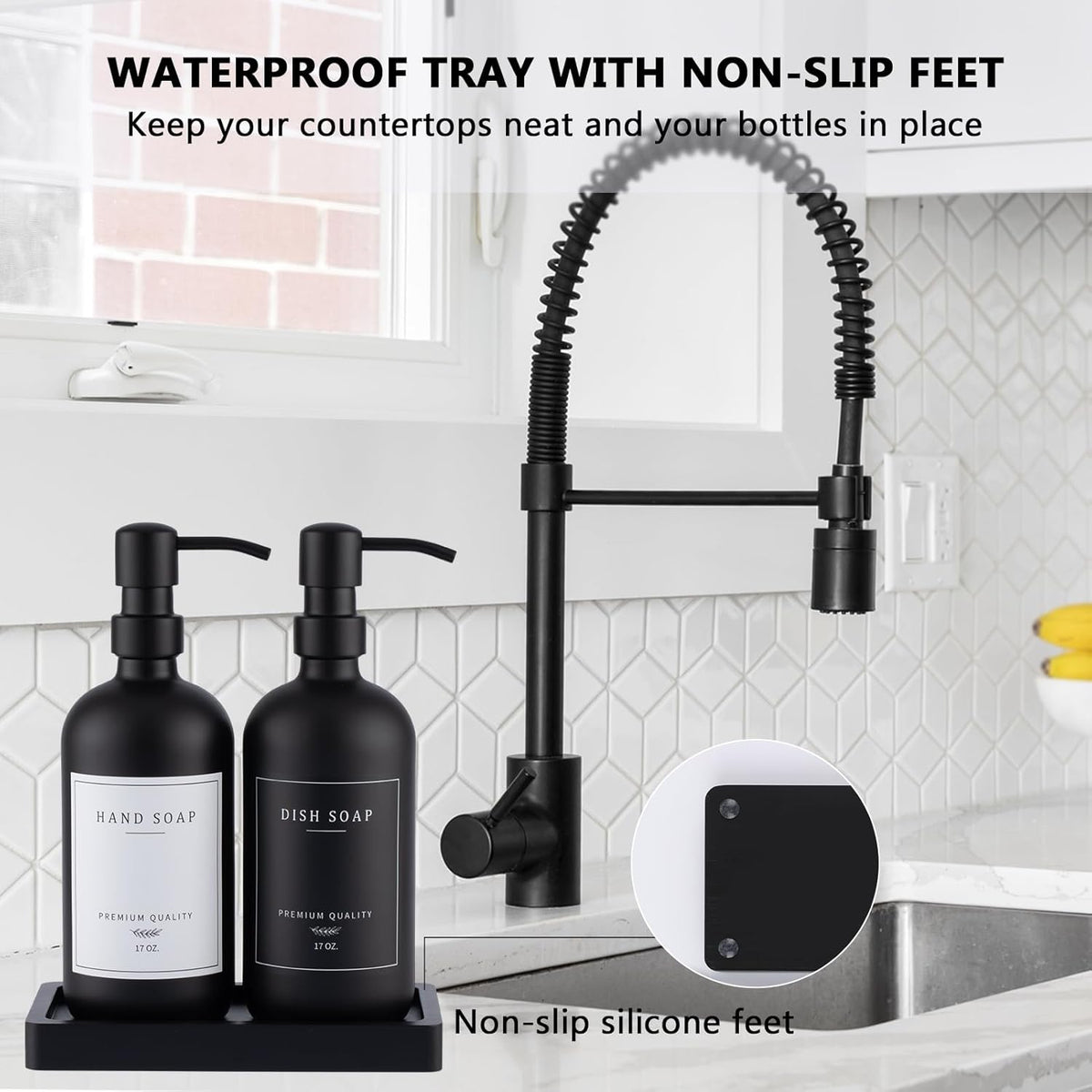 Black Thick Glass Soap Dispenser - Farmhouse Kitchen Dish &Hand Soap Dispenser Set, 304 Rustproof Pump Lotion Dispenser Bathroom with Tray, 14 Waterproof Stickers for Kitchen Decor Sink