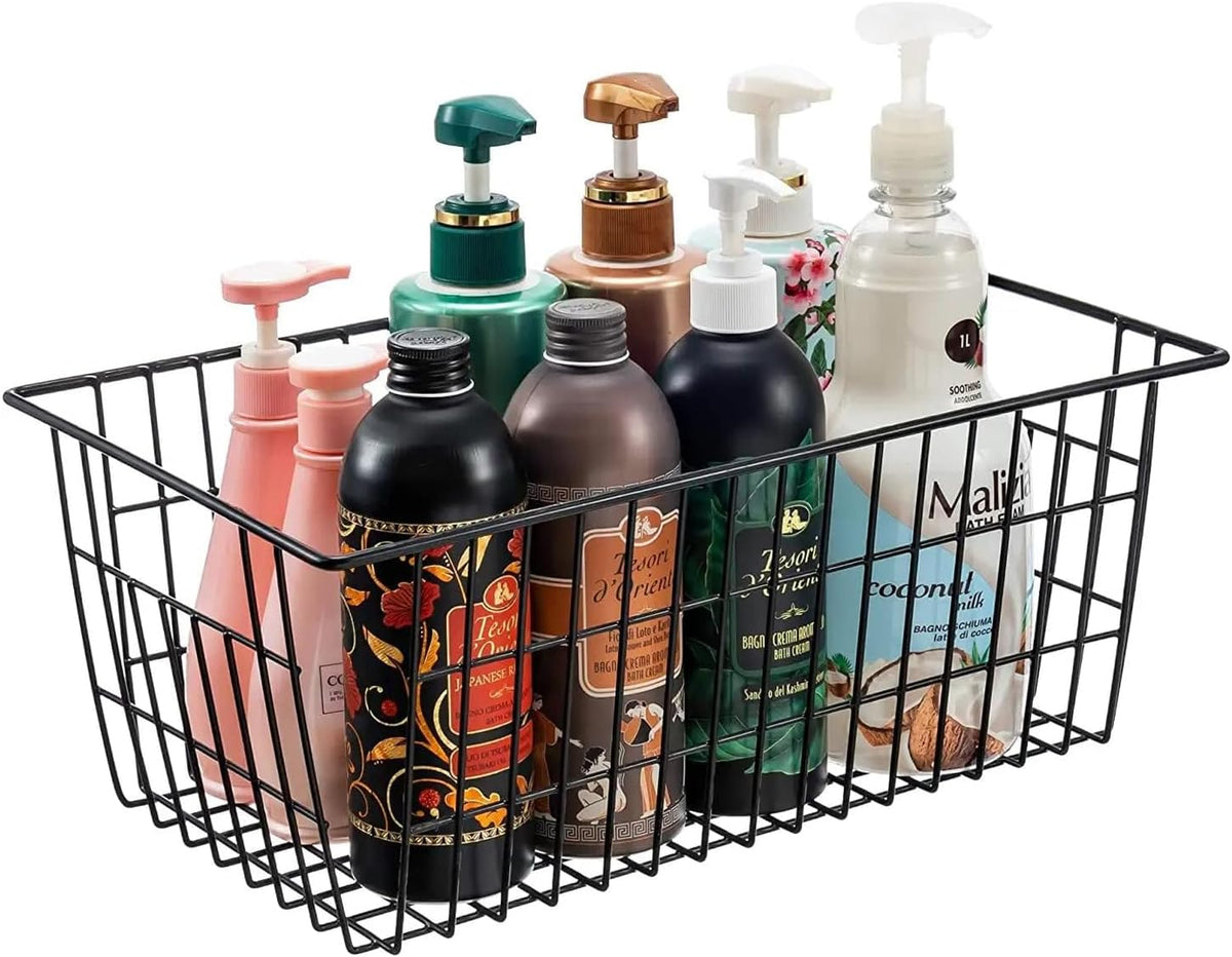 Redrubbit Wire Storage Baskets, Large Farmhouse Metal Freezer Basket Storage Organizer Bins with Handles for Kitchen Cabinets, Pantry, Closets, Bedrooms, Bathrooms, Set of 2, Black