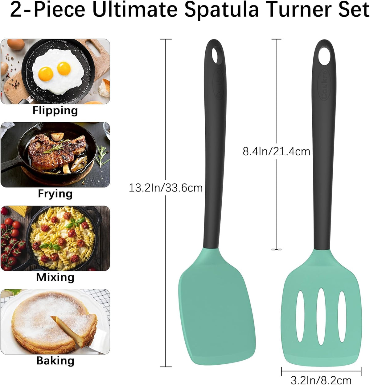 Coukre 2 Pack Silicone Spatula Set, High Heat Resistant, BPA Free Kitchen Spatula, Solid & Slotted Turner for Non-Stick Pans, Sautéing, and Flipping (2, AquaGreen)