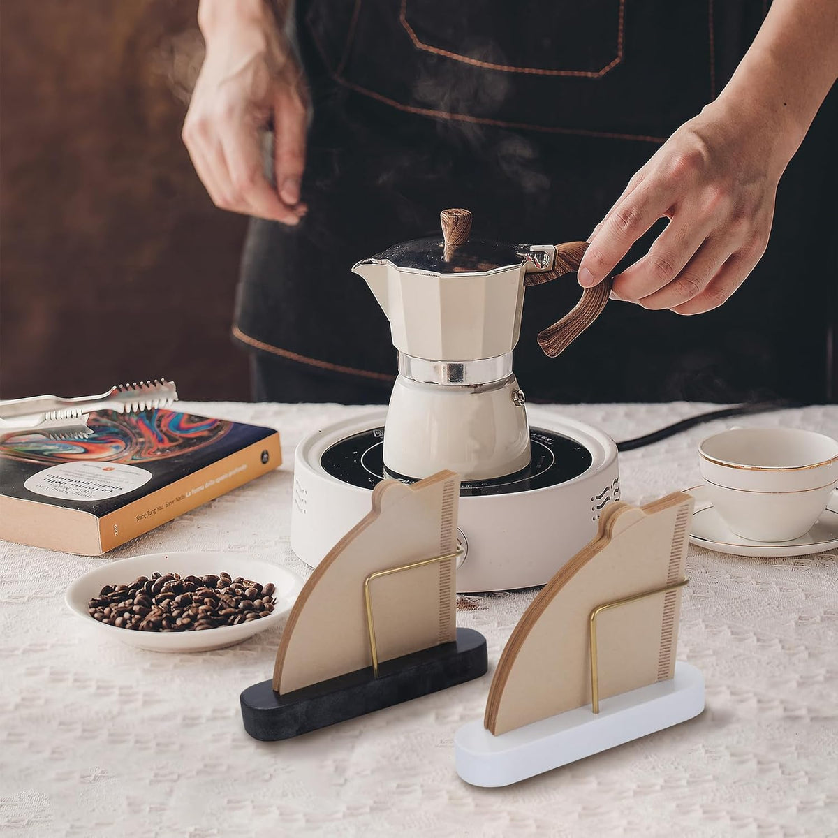Coffee Filter Holder, Marble & Brass Cone Coffee Filters Holder Organizer Station, Stand Accessories for V60 Filters Size #01, #02 & #04, Thick and Anti-slip (Black)