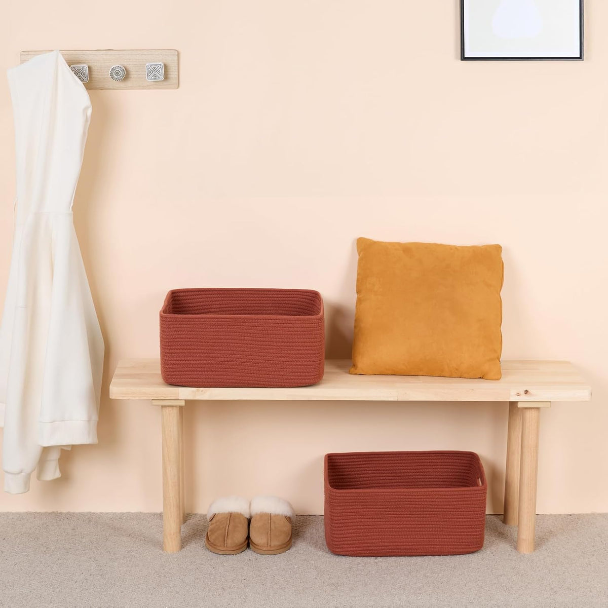 Large Storage Baskets for Shelves, Closet Organizers Bins for Clothes Blanket Towels, Baby Nursery, Toy Baskets Box, Woven Rope Baskets, 17 x 13 x 7.5โ, 3 Packs Oxide Red