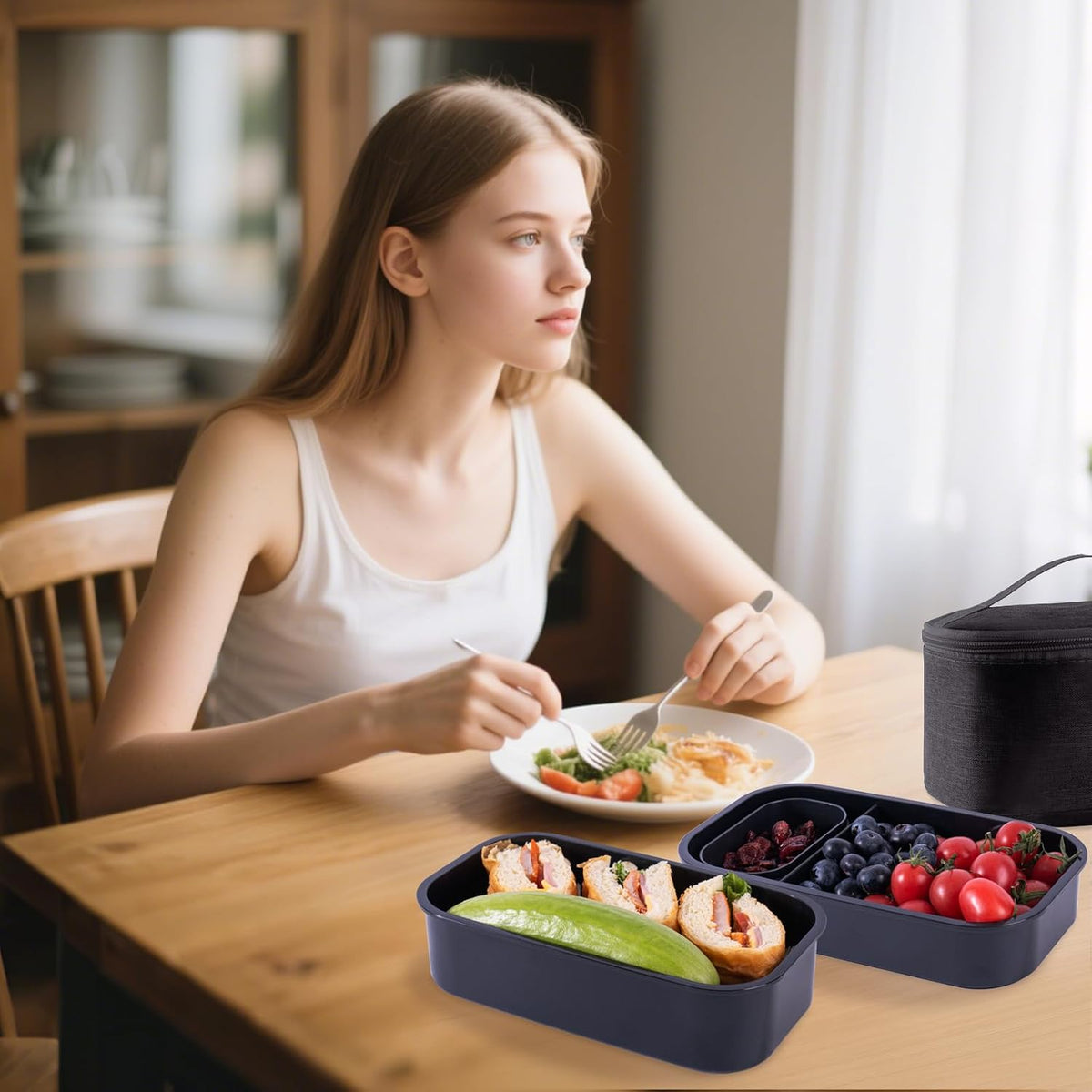Lunchneo bento box for adults, separate for men and women, set of utensils and dipping containers, cute Japanese bento box, microwave heatable(Black)