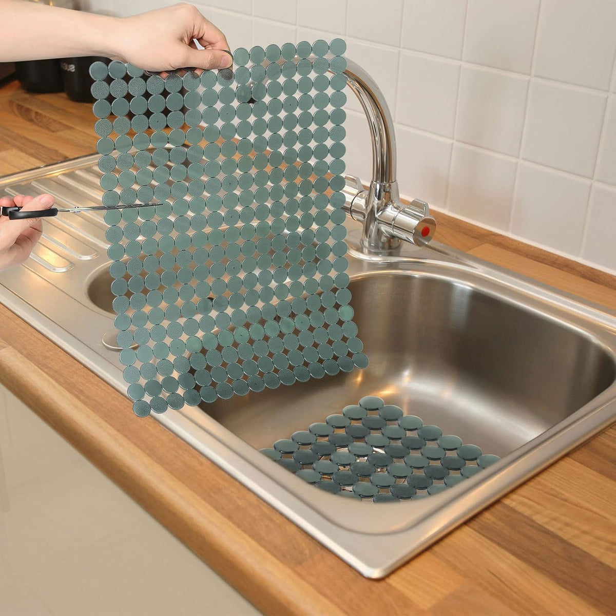 Qulable 2Pack Kitchen Sink Mat for Stainless Steel/Ceramic Sinks, PVC Eco-friendly Protectors for Bottom of Kitchen Sink, Adjustable, Fast Draining, Dots Design, 11.8x15.7 (Green)