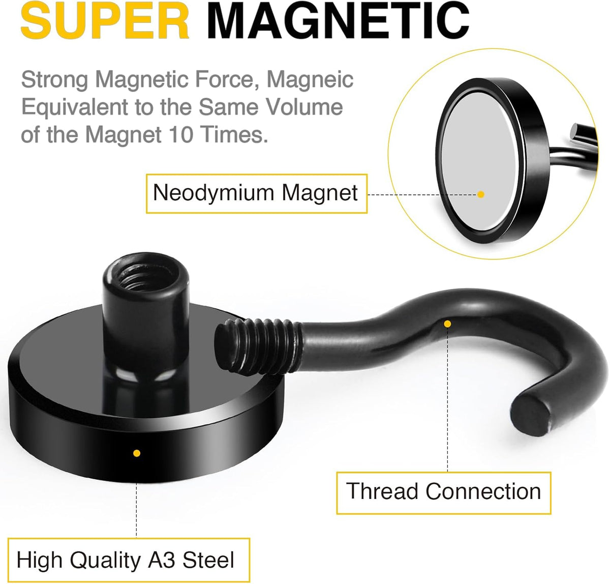 DIYMAG Outdoor Hooks for Hanging String Lights, Balck Magnetic Hooks Strong 80lbs+ Hanging Party Light Wall Cable 2025 Cruise Cabin Ship Essentials Heavy Duty Strong Magnets for Outside Grill 10PCS