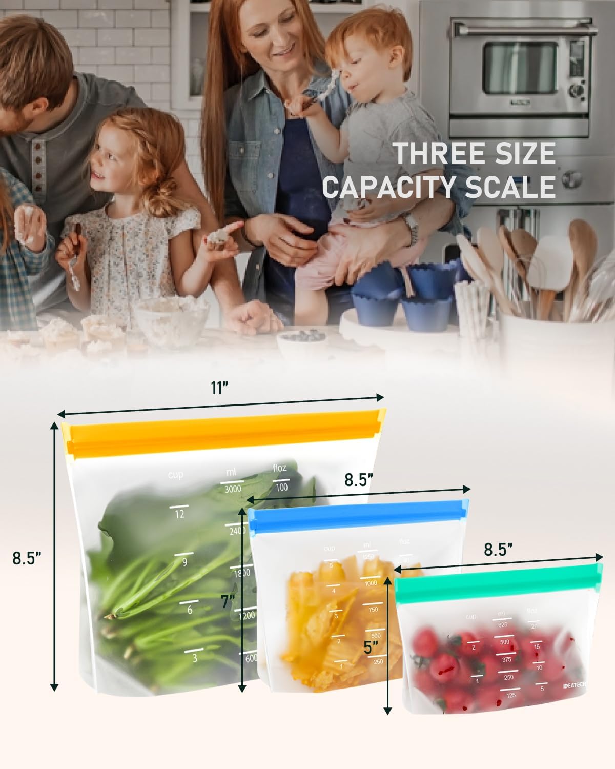 IDEATECH Gallon Freezer Bags Stand Up, Dishwasher Safe & Leakproof Reusable Gallon Bags, Extra Large & BPA Plastic Free Reusable Food Storage Bags for Meats, Veggies(6 Pack)