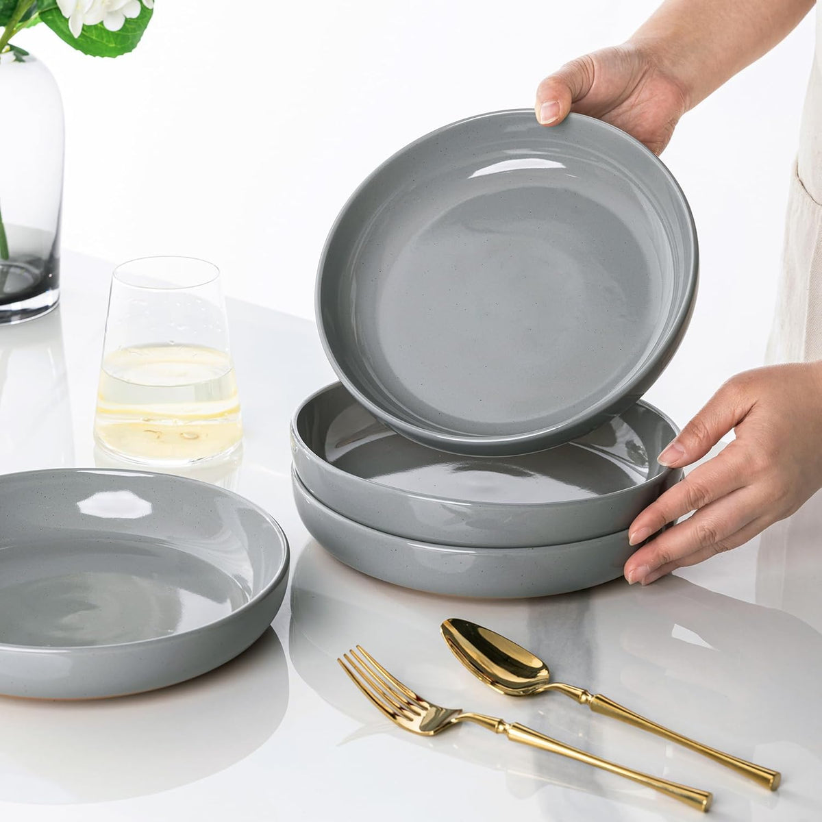 AmorArc 8.75'' Large Ceramic Pasta Bowls, 36oz Handpainted Stoneware Bowls Set of 4, Microwave&Dishwasher Safe Bowls with Wavy Rim&Rustic Terracotta Underside for Pasta Salad, Gray