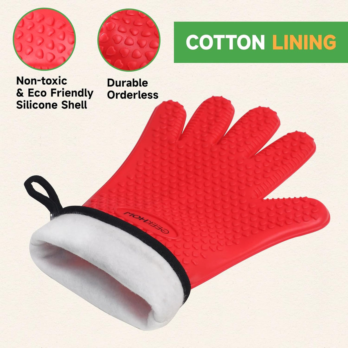 GEEKHOM BBQ Gloves Heat Resistant Oven Mitts - Silicone Grilling Gloves with 14" Long Arm Protection - Waterproof Pot Holder Non-Slip for Men & Women, Kitchen Cooking, Baking, Camping, Red