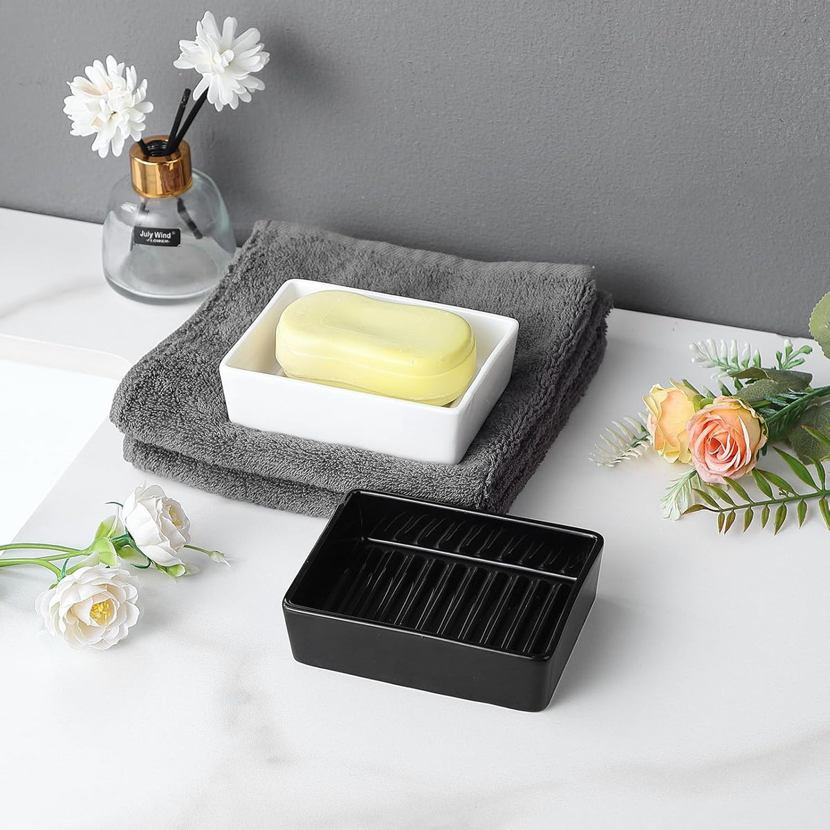 Black Rectangle Soap Dish - Modern Ceramic Hand Soap Holder Non-Slip Bar Soap Holder Soap Tray for Bathroom, Kitchen Sink, Shower, Countertop, Easy to Clean