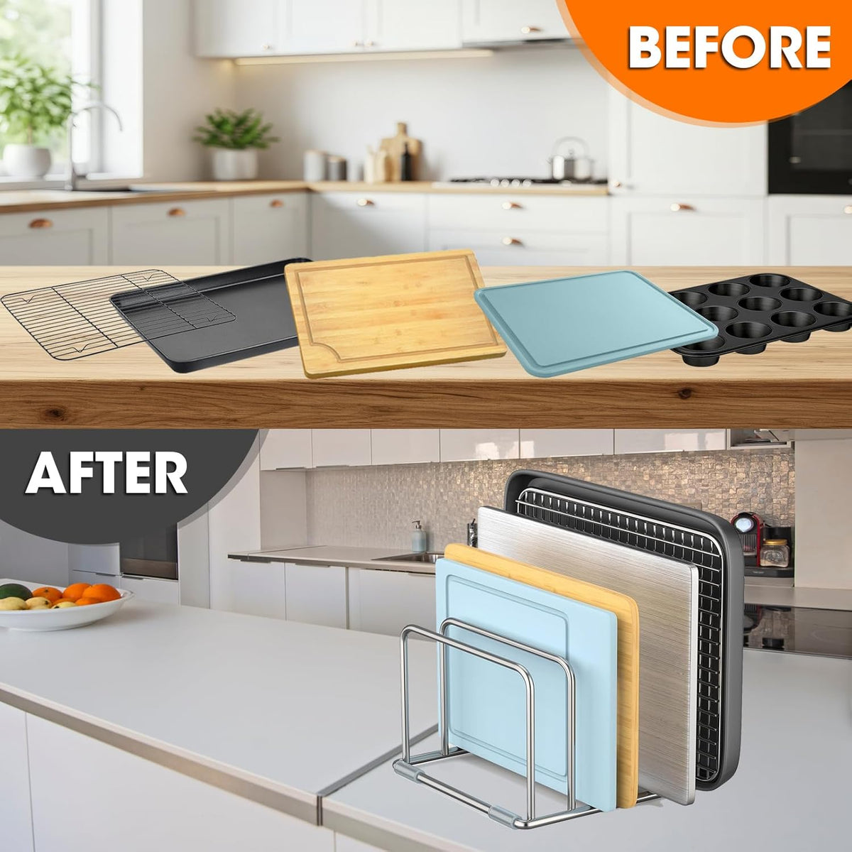 304 Stainless Steel Cutting Board Organizer Rack โ Rustproof Compact 4-Slot Holder for Thin Cutting Boards and Plates โ Premium Kitchen Storage Solution for Countertops and Cabinets