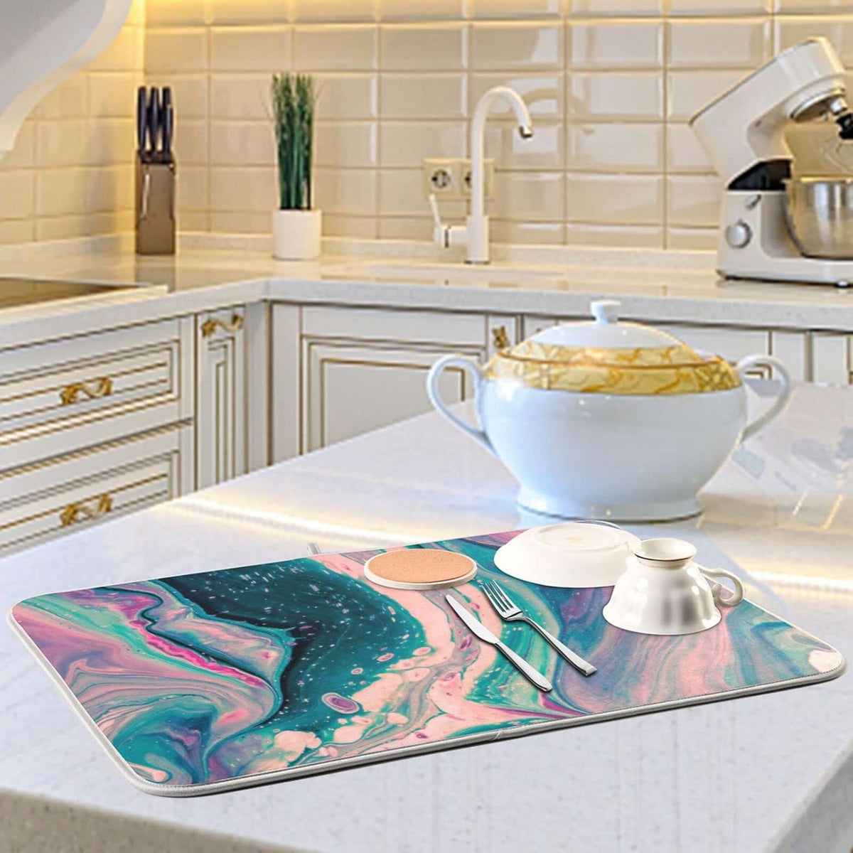 Super Absorbent Dish Drying Mat, Microfiber Fast-Drying Dish Mat, 24" x 18", Kitchen Dish Drying Pad, Marble Pink Green