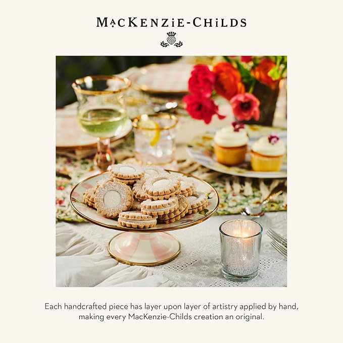 MACKENZIE-CHILDS Enamel Pedestal Platter, Round Cake Stand, Mini, Pink-and-White Rosy Check