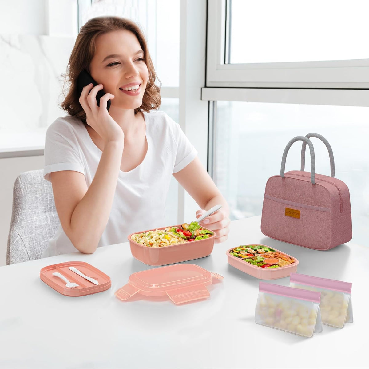 JBGOYON® Bento Lunch Box Set - 3 Stackable Containers for Adults and Kids,lunch box for women- Includes Lunch Bag, Leak-Proof and BPA-Free - Built-in Utensil Set - Dishwasher Safe (Pink)