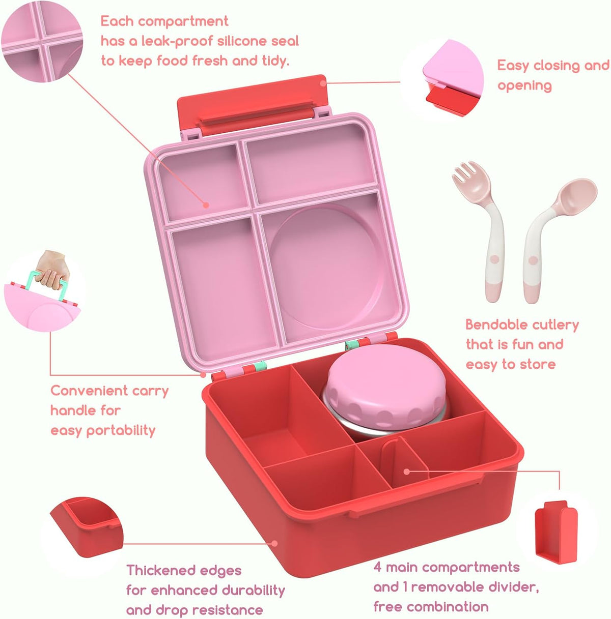 Bento Box for Kids - Leak-Proof Lunch Box with Insulated Thermos Food Jar - 4 Compartments, 1 Removable Divider, 1Spoon, 1 Fork - Dishwasher Safe, BPA-Free (Pink)