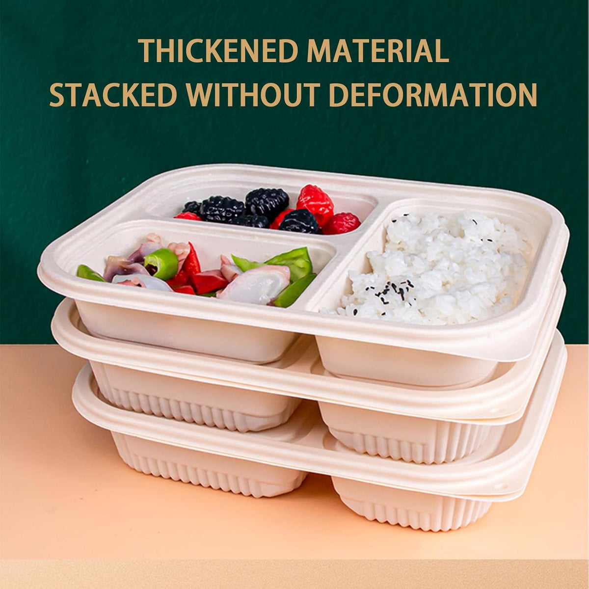 50 Pack of 3-Compartment Disposable Meal Prep Container, 36 Ounce Pre Meal Container, Food Storage Bento Box. Reusable Takeaway Container, Stackable, Microwave Refrigerator Safe.