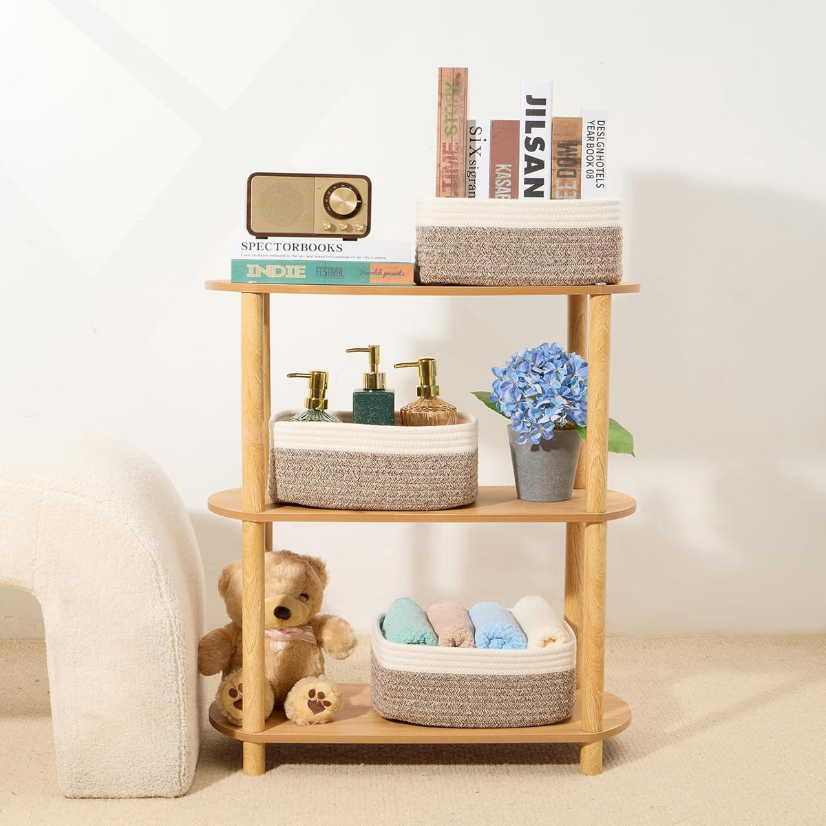 Small Storage Baskets for Organizing | Closet Organizer Bins | Shelf Toy Basket | Woven Rope Baskets | Cube Decorative Box | Shallow Basket | 11.5x7.5x4.7” | 3 Packs White Brown