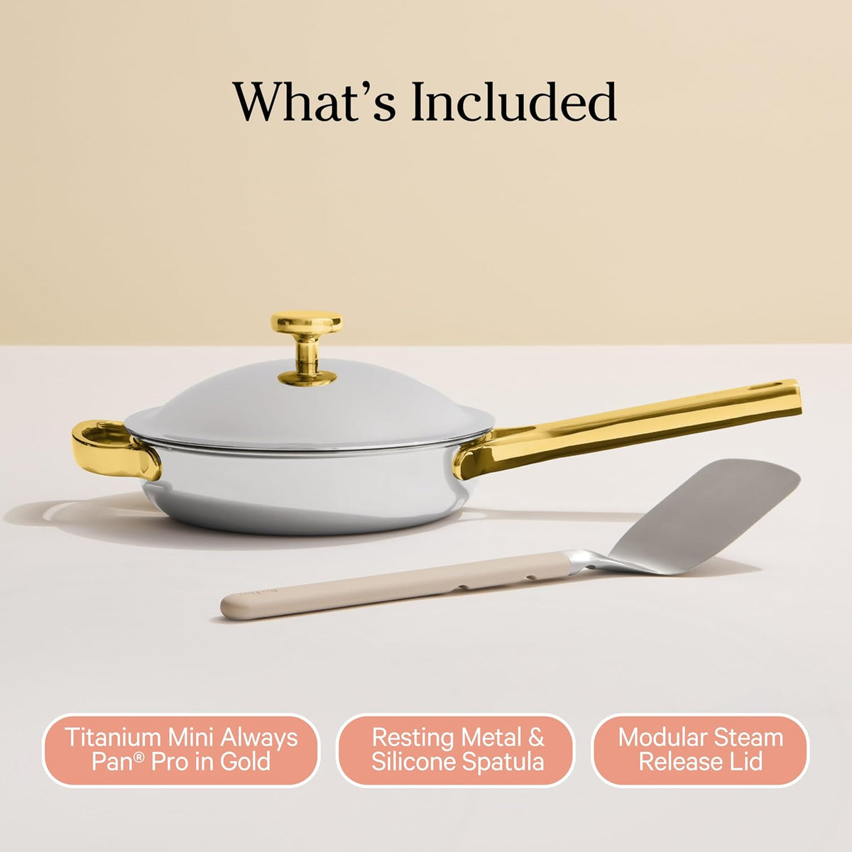Our Place Titanium Mini Always Pan Pro - 8.5” (1.48 Qt) No-Coating Nonstick Skillet | Tri-Ply Titanium & Stainless Steel | Safe for Oven, Induction & Cooktops up to 750°F | Includes Spatula | Gold