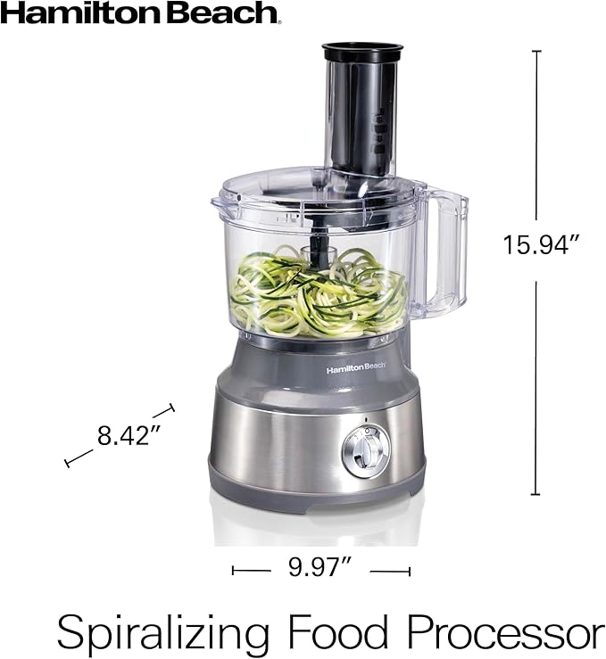 Hamilton Beach Food Processor & Vegetable Chopper for Slicing, Shredding, Mincing, and Puree, 10 Cups + Veggie Spiralizer makes Zoodles and Ribbons, Grey and Stainless Steel (70735)
