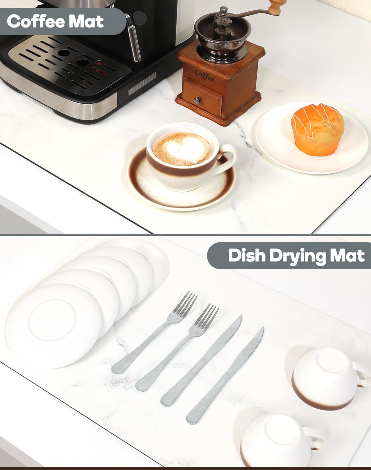SUEH DESIGN Coffee Mat, Absorbent Dish Drying Mat 23.6 x 15.7 in Quick Dry Coffee Mat Large Drying Mats for Kitchen Counter Coffee Bar, Marble White