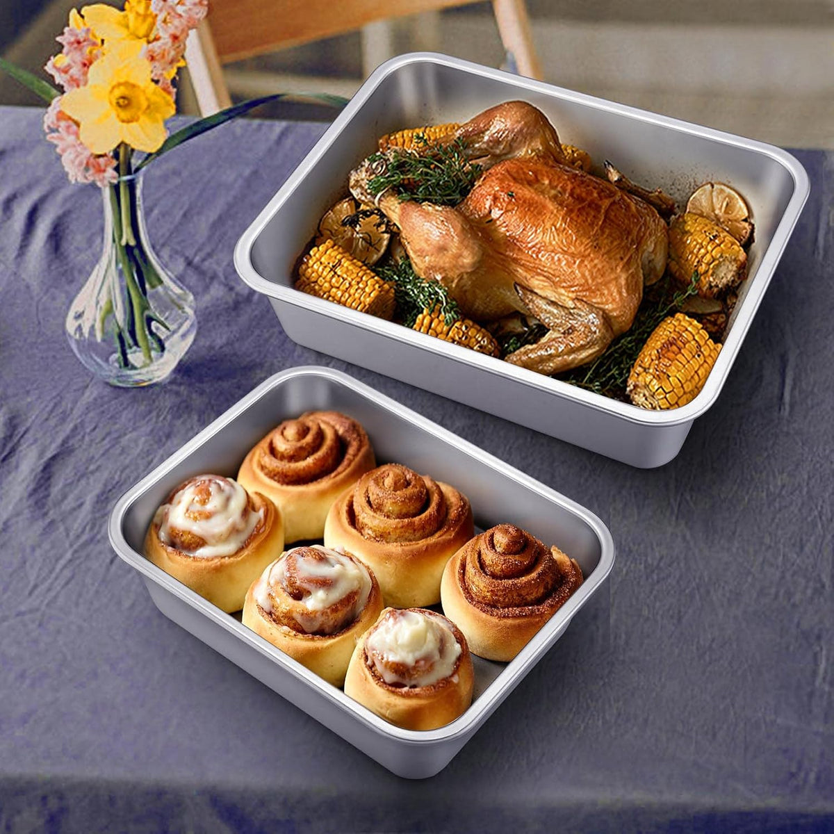 Deep Lasagna Pan Set of 2, E-far Stainless Steel Rectangular Roasting Baking Pans, 12.75 x 10 & 10.6x8.3 Inches Roaster Baking Dish, Non-Toxic & Heavy Duty, Dishwasher Safe