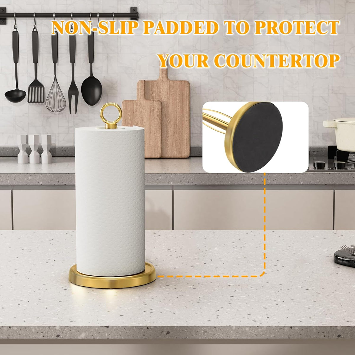 Gold Paper Towel Holder Countertop, Gold Kitchen Accessories Decor, One-Handed Tear, Stainless Steel, Weighted Base, Ring Paper Towel Holder Stand with Ratchet System for Kitchen Farmhouse Essentials